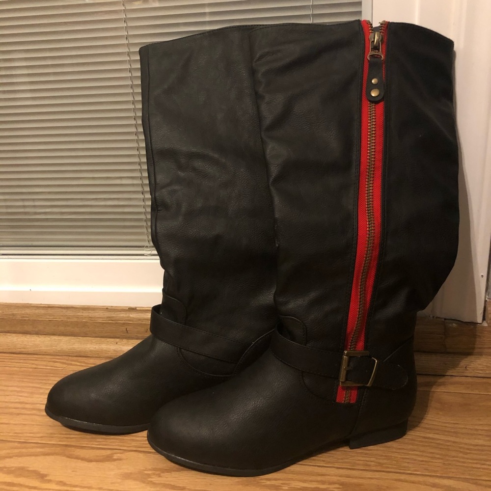 Global Win Tall Black Leather Boots Red Zipper